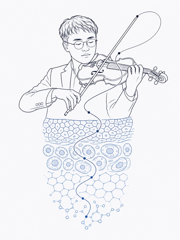 Line illustration of Tianhao Luo playing the violin. Below the waist the figure resolves downward through the scales of biology — tissue architecture, then individual cells, then a molecular lattice — while the arc of the bow continues as a single trace threading through every scale.